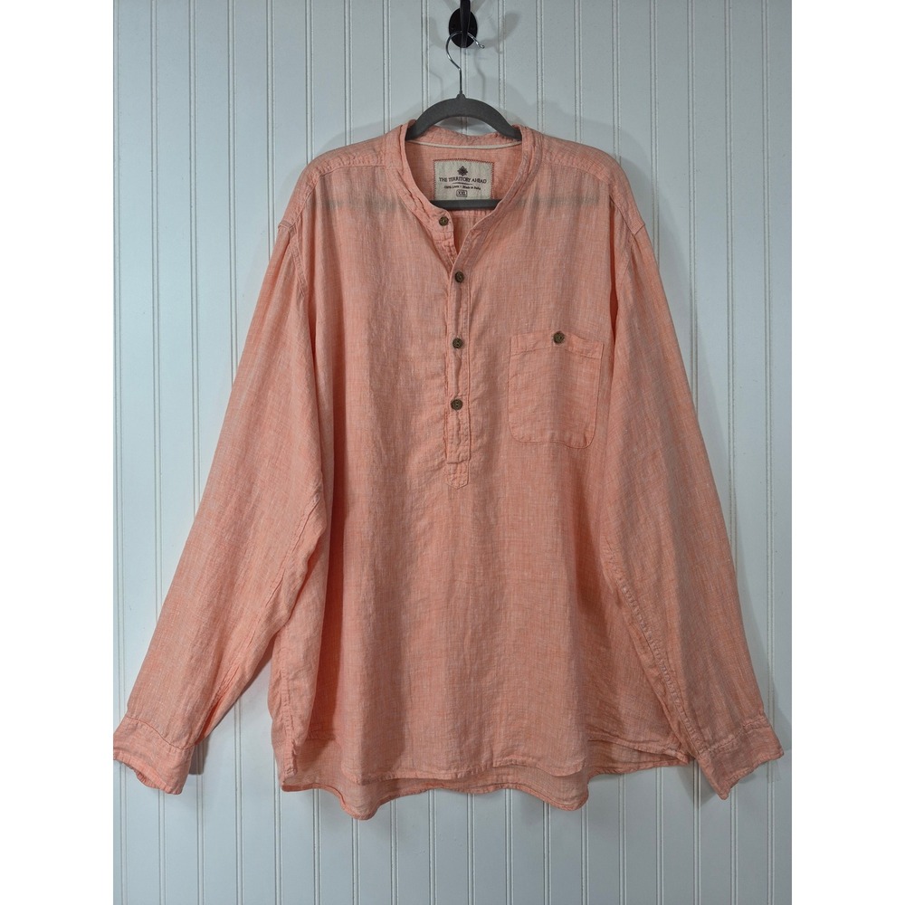The Territory Ahead Mens XXL Peach Orange 100% Linen Roll Tab Band Collar Shirt